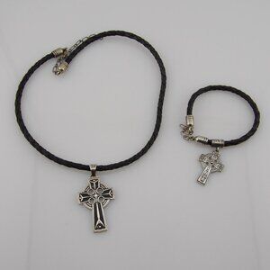 Lavaggi Sterling and 14K Celtic Cross Braided Leather Necklace and Bracelet